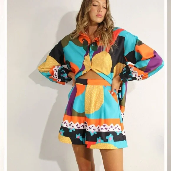 Mulla Multicolor short set Coral & Black Accent oversized small - Picture 1 of 9